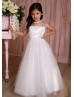 Ivory Heart Print Tulle Pearl Embellished Flower Girl Dress Ivory Heart Print Tulle Pearl Embellished Flower Girl Dress